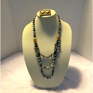 Chico’s 3-Strand Denim/Silver Necklace and Heart Clips